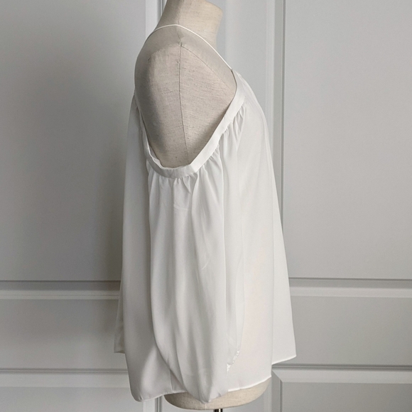 1. State Blouse High Neck Chiffon Sheer Blouson Sleeves Off Shoulder White M NWT - Picture 7 of 14